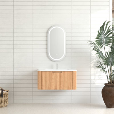 Meuble-lavabo de salle de bain flottant 30 po au fini noyer naturel, bords arrondis lisses, cuve en céramique blanche, pré-assemblé, tiroir intelligent, mécanisme de fermeture en douceur