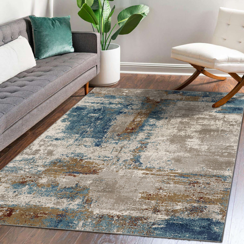 Tapis abstrait beige / bleu Sedef, Tapis de couloir de 2 pi x 7 pi