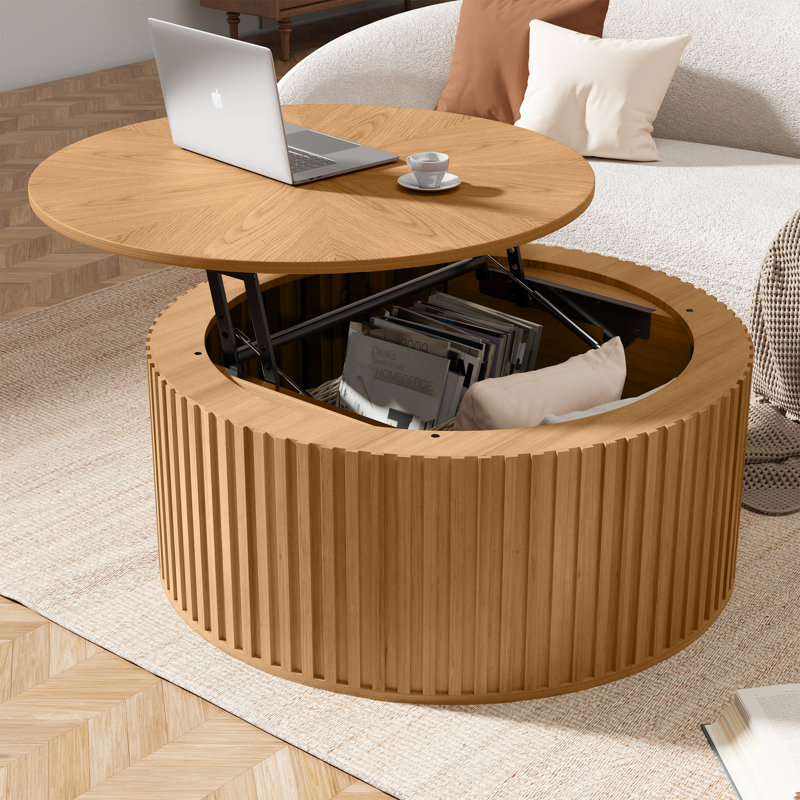 Table basse à plateau relevable avec rangement Ansel, table basse ronde en bois massif, Naturel