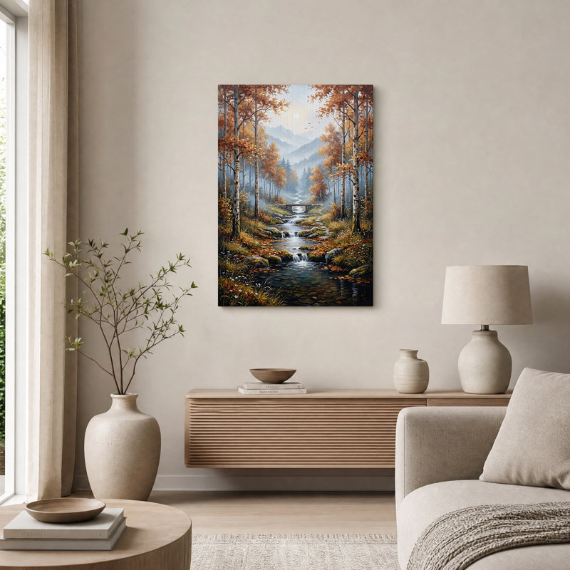 Tableau sur toile représentant un ruisseau dans une forêt de bouleaux en automne avec un pont de pierre, H 48 po x l 32 po