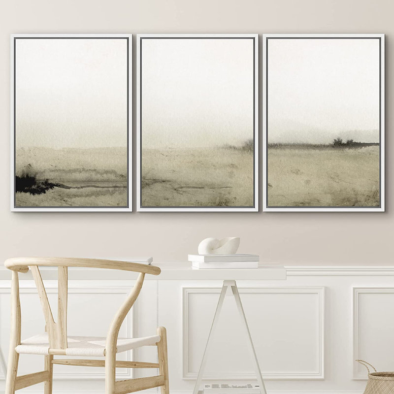 «Minimal Landscape», ensemble de 3 peintures encadrées sur toile, H 36 po x l 72 po x P 1,5 po, Blanc
