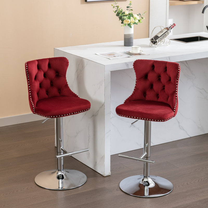 Felder Swivel Velvet Bar Stools with Adjustable Height, Silver, Red