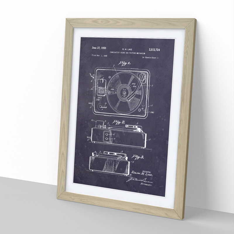 Record Player Patent Dark - Picture Frame Graphic Art, Oak Framed, 36cm H x 27cm W x 2cm D