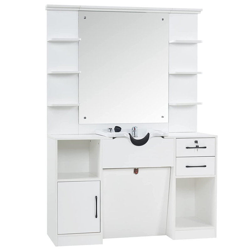 Station de rangement murale avec miroir et bol à shampooing pour salon de beauté, Blanc