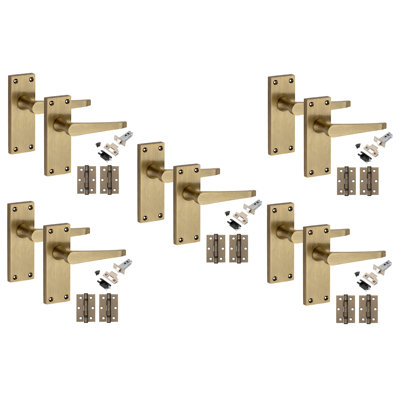 Golden Grace 5 Pairs Victorian Design Straight Lever Door Handles Antique Brass Durable Metal Backplate Internal Latch Set with Hinges - 120 x 40mm