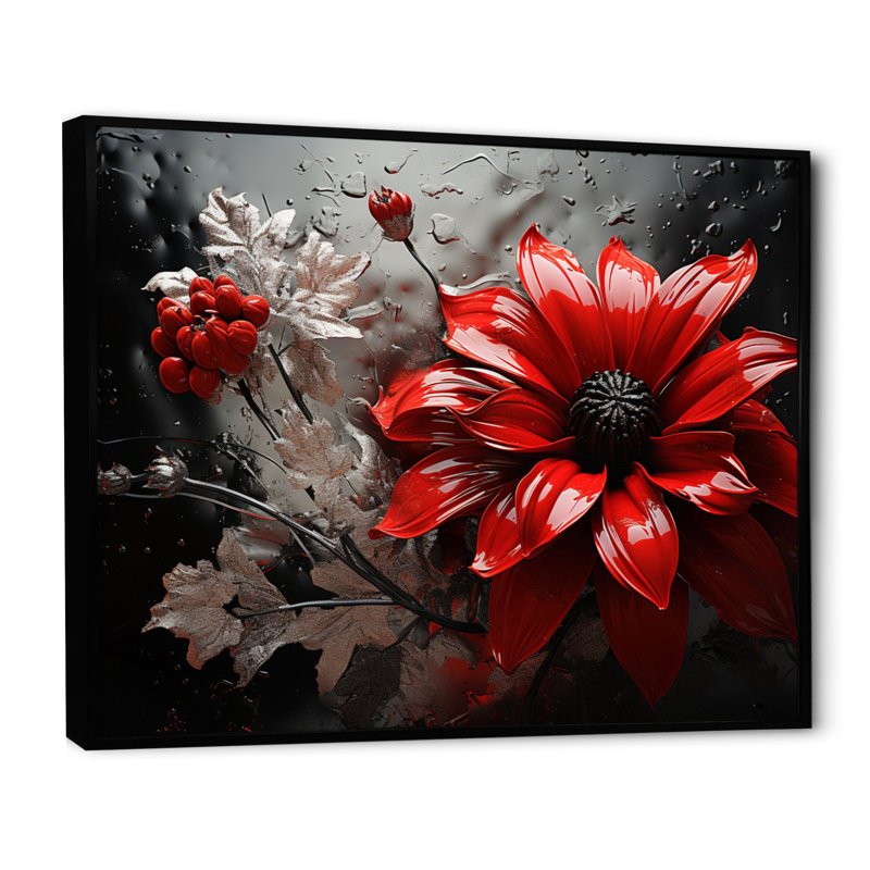 «Red Grey Botanical Symphony II», art mural botanique abstrait, Cadre flottant noir, H 16 po x l 32 po x P 1 po