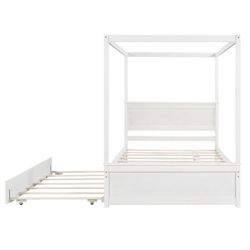 Wood Canopy Bed With Trundle Bed ,Size Canopy Platform Bed With Support Slats .No Box Spring Needed, Brushed