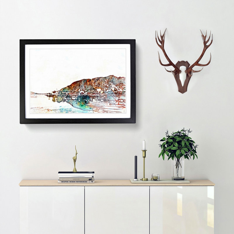 Docked Boats in Ballstad Norway in Abstract - Picture Frame Painting Print, 62cm H x 87cm W x 2cm D, Black Framed