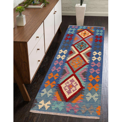 Tapis de couloir rouge / bleu / beige / gris en laine noué à la main 2 pi 7 po x 6 pi 5 po Maree