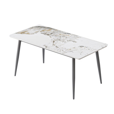 62.99" Modern Artificial Stone White Pandora Straight Edge Dark Grey Metal Leg Dining Table-Can Accommodate 6 People(Dining Table Only)