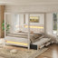 Grand lit plateforme à baldaquin tapissier avec lumières DEL, lit gigogne simple, 3 tiroirs de rangement, tête de lit, beige (ETA: 6/14)