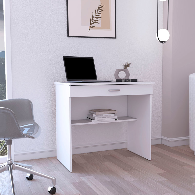 80 C Writting Desk, Compact Workstation with Drawer and Lower Shelf, White