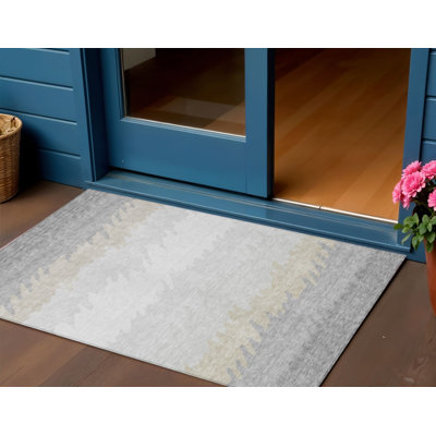 Tapis extérieur lavable rayé gris argenté et beige 3 pi x 5 pi