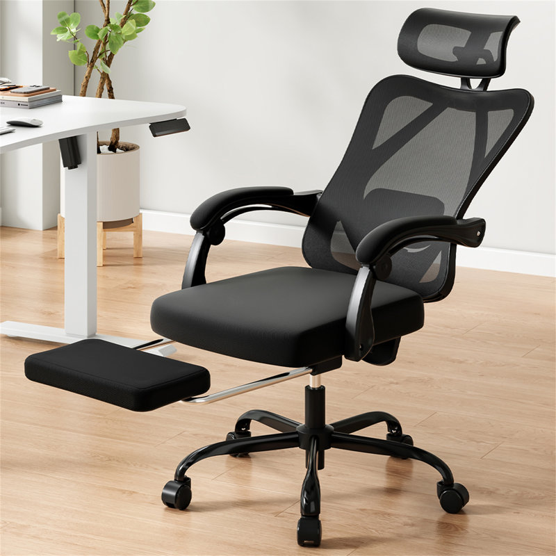 Chaise de bureau ergonomique avec repose-pieds, Noir, Noir