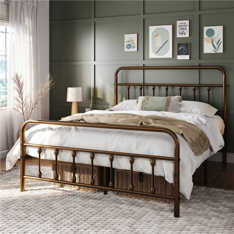 Classic Iron Platform Bed with High Headboard and Footboard, Bronze, Queen
