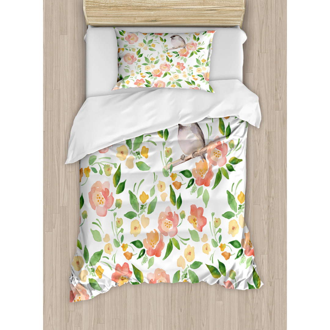 Flower Petals Blossoms Leaves and Bird Sitting Vintage Elegance Image Duvet Cover Set Ambesonne 