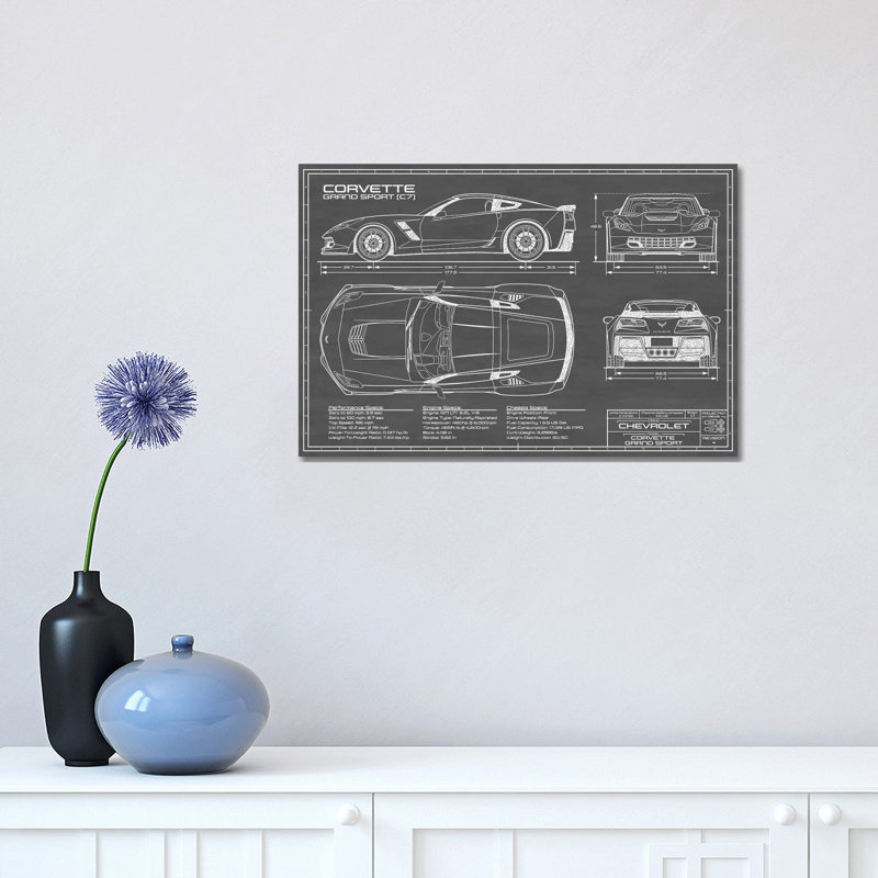 Corvette (C7) Grand Sport Black par Action Blueprints - impression sur toile tendue, H 12 po x l 18 po x 1,5 po