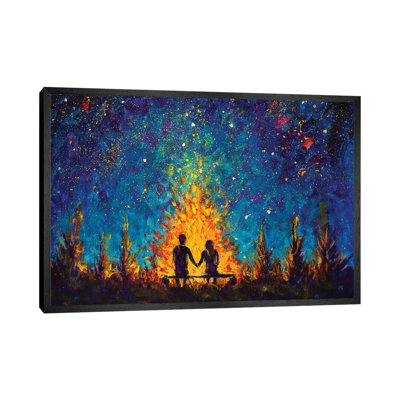 A Couple In Love Sitting On A Bench By The Night Fire And Looking At The Night Sky by Valery Rybakow - Painting on Canvas