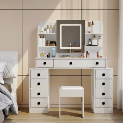 Farmhouse Style Vanity Desk (Makeup Vanity) With Sliding Mirror,Led Lights And With Charging Station,Makeup Table Desk With Dimmable Led Light,Vanity Makeup Table With Sponge Soft Vanity Stool,White Finish
