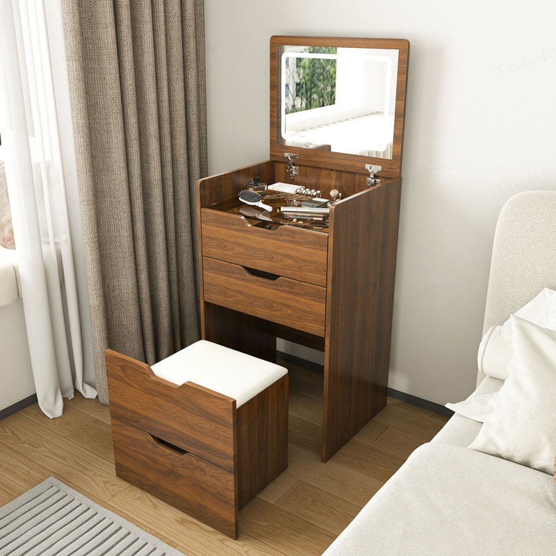Bureau de coiffeuse 3 en 1 avec miroir éclairé et tabouret, coiffeuse à plateau rabattable, rangement compact