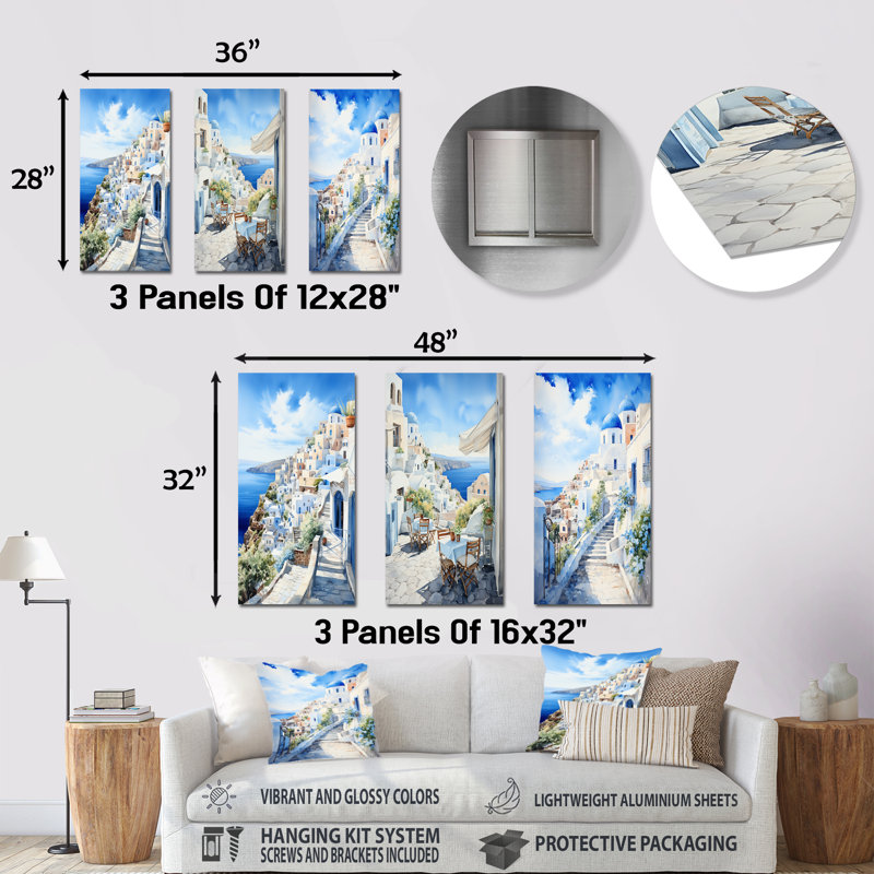 Village grec côtier, îles I, Grèce, ensemble d'art mural en métal, 3 pièces, H 28 po x l 36 po
