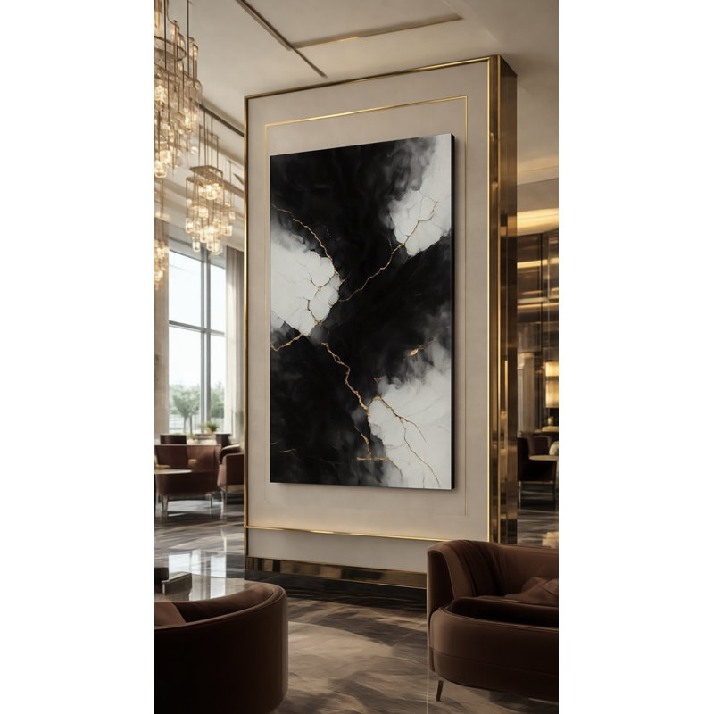 Golden Fracture Framed Canvas Wall Art by Kasian Art Studio - White Frame, White