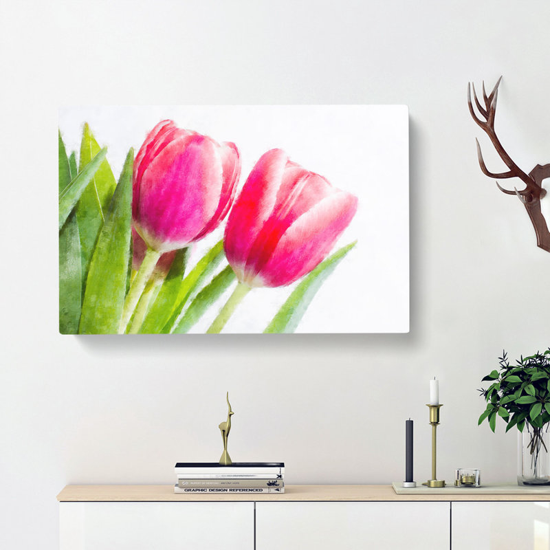 Pair Of Pink Tulip Flowers - Wrapped Canvas Print, 35cm H x 50cm W x 3cm D