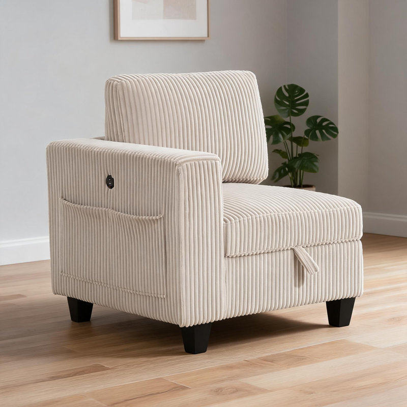 Fauteuil d'appoint modulaire à un accoudoir, revêtement multifonctionnel en velours côtelé beige avec caractéristiques intégrées