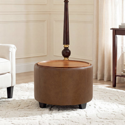 24" Round Faux Leather Storage Ottoman with Reversible Tray Top, Coffee Table & Footrest for Living Room