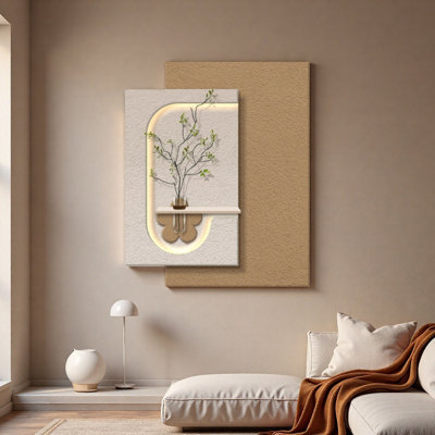 Cream-Style Sandstone Led Wall Art With Hydroponic Vase - Living Room Decor