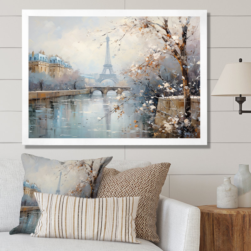 Hiver Paris, Tour Eiffel, charme de ville I - Paris, art mural, Cadre de coin blanc fermé, H 34 po x l 44 po x P 1,5 po