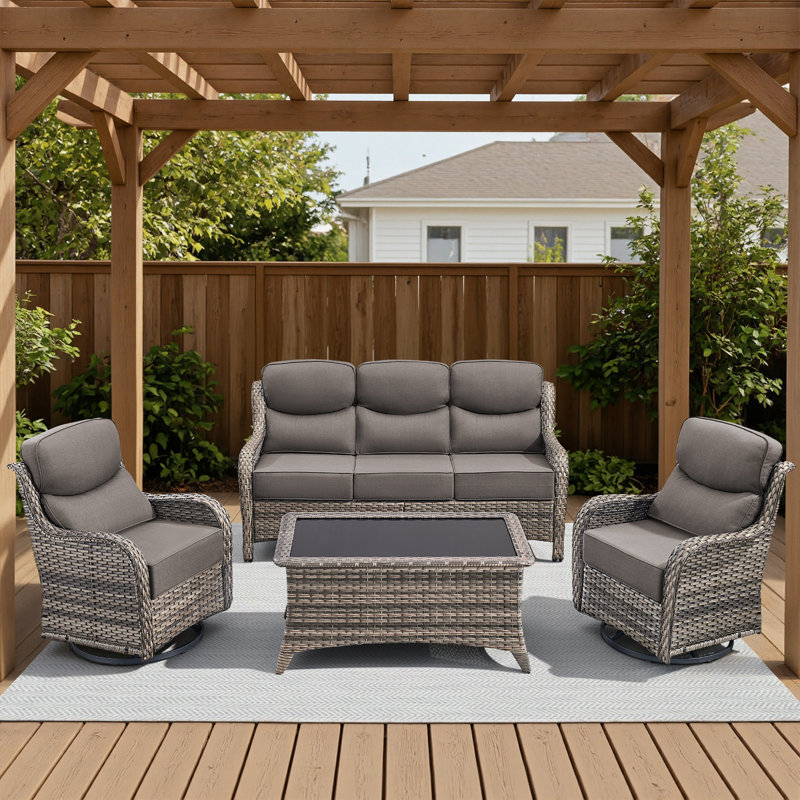 Outdoor Patio Wicker Sofa Conversation Set With Swivel Chairs And Coffee Table, Gray, Gray