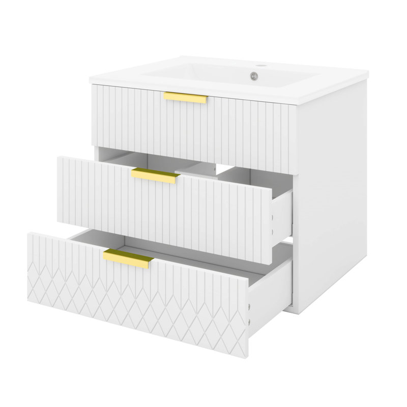Meuble-lavabo mural 24 po avec lavabo, meuble-lavabo flottant avec tiroirs, Blanc
