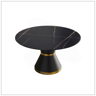 Table de salle à manger moderne 53,15 po en pierre artificielle ronde en acier au carbone noir pouvant accueillir 6 personnes