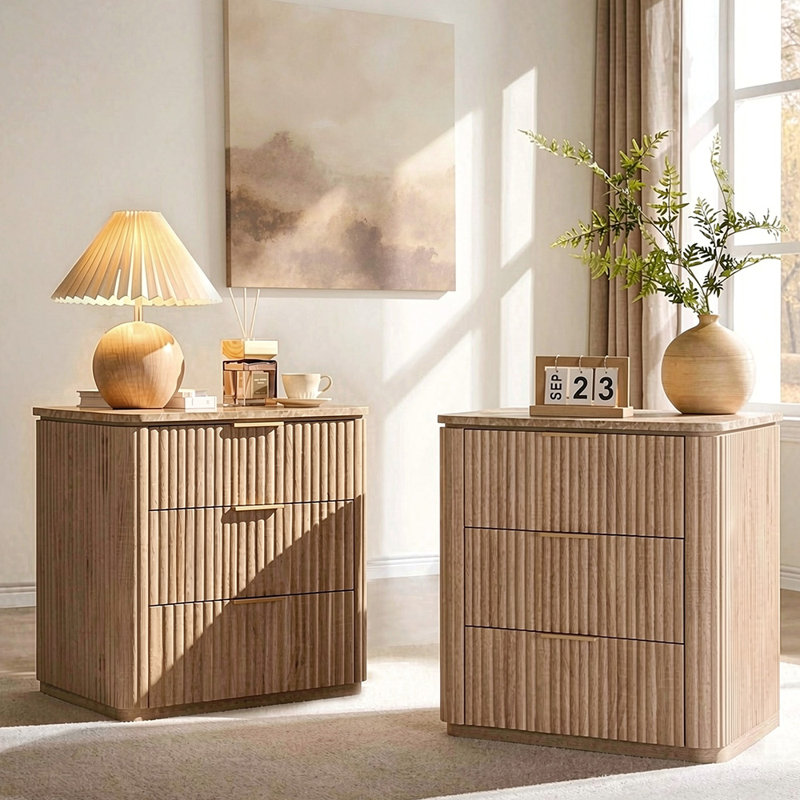 Modern Fluted Nightstand, 3-Drawer Nightstand with 1.97"-Thick Fluted Panels and Faux Marble Top, Oak, Oak, Set of 2