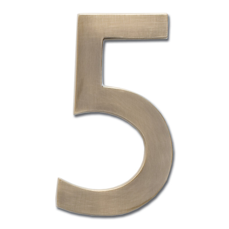 Numéro de maison à fixation affleurante, Laiton antique, Cinq, 5 pouces