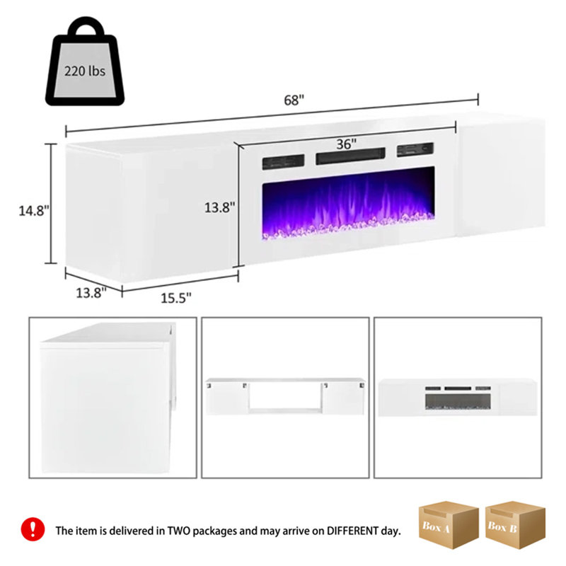 Bhhatu Highgloss Wall Mounted Floating Fireplace TV Stand, White, 68"