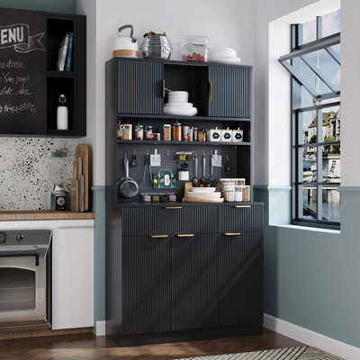 73" Wooden Fluted Kitchen Microwave Stand Hutch Pantry Cabinet For Living Room With Storage Charging Station And Diy Pegboard