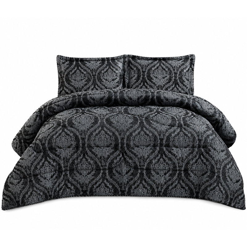 Bridal Jacquard Bedspread With Pillow Sham Set, Floral Printed Coverlet, Decorative Luxury All-Season Bedding, Black Floral 