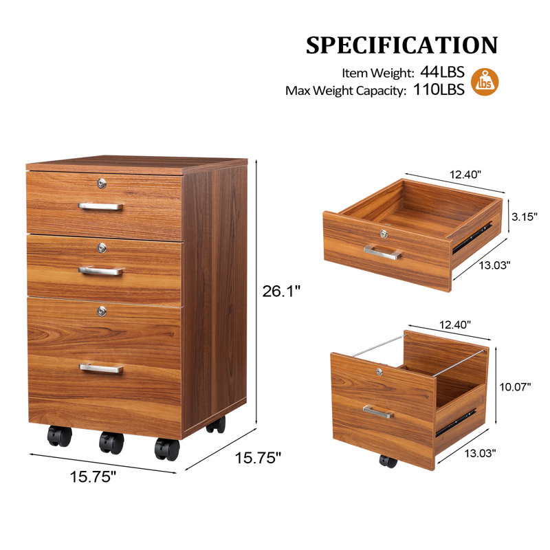 Marfriede 15.75'' Wide 3 -Drawer Mobile File Cabinet, Walnut