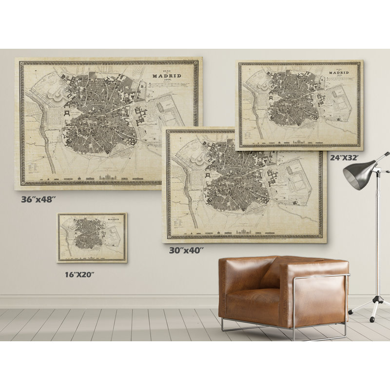 « rétro madrid map ii », reproduction d’impression sur toile tendue, H 30 po x l 40 po x P 1,5 po