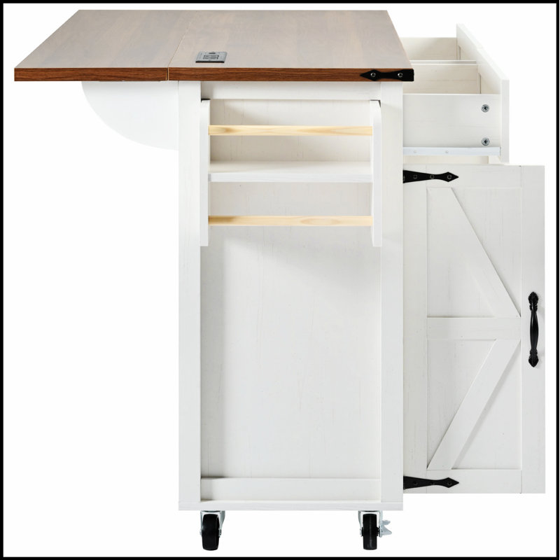 Charming Farmhouse Kitchen Island with Versatile Storage and Power Options, Perfect for Rustic and Organized Cooking Spaces.