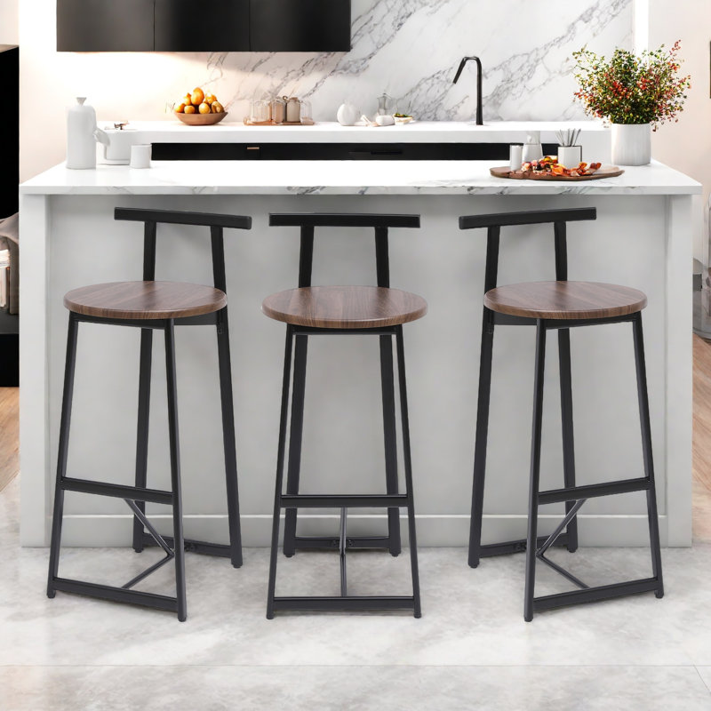 Set Of 3 Bar Stools With Backrest, Footrest And Metal Frame