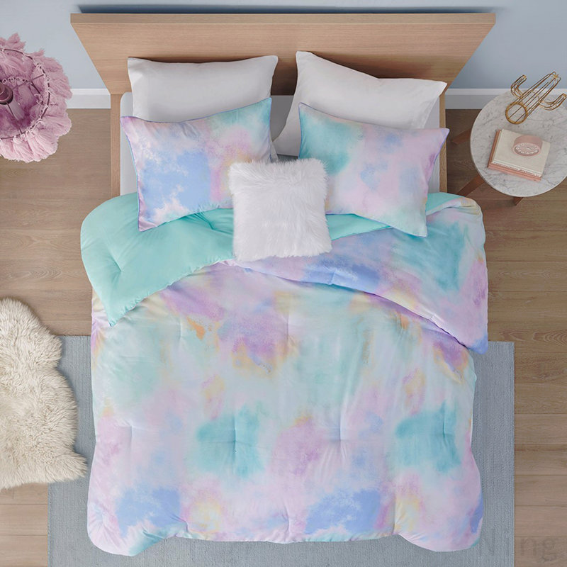 Ensemble d'édredon à imprimé tie Dye avec coussin décoratif, Édredon très grand et 3 pièces supplémentaires