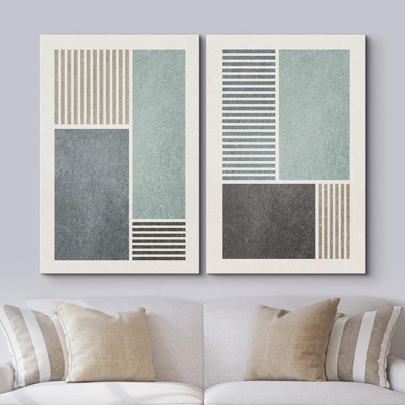Motif géométrique minimaliste moderne sur fond géométrique bleu et gris sur 2 pièces, H 36 po x l 48 po x P 1,5 po