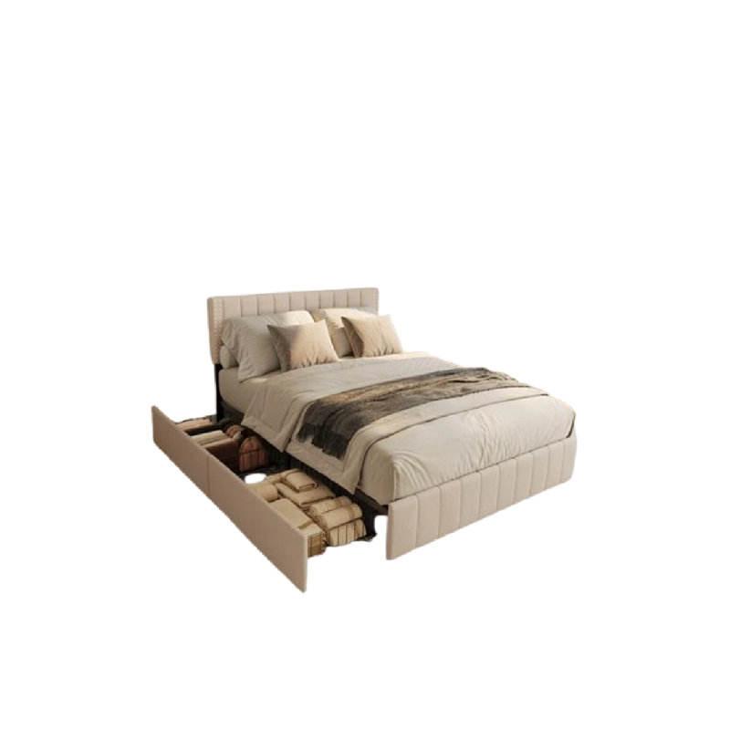 Masad Upholstered Platform Drawer Storage Bed with Adjustable Headboard, Full, Beige