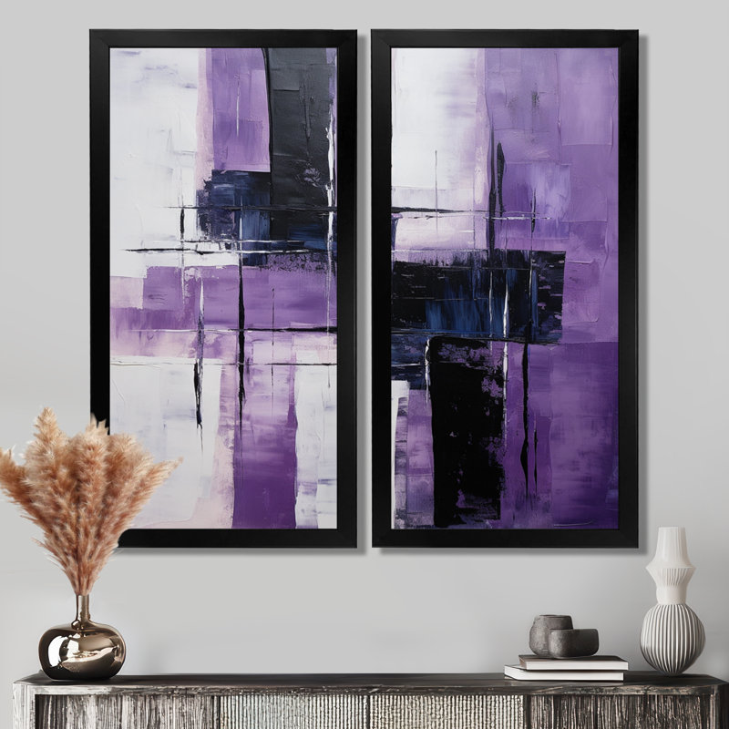 Tachisme mauve cubisme au pinceau, H 24 po x l 20 po, Reproduction encadrée, Noir