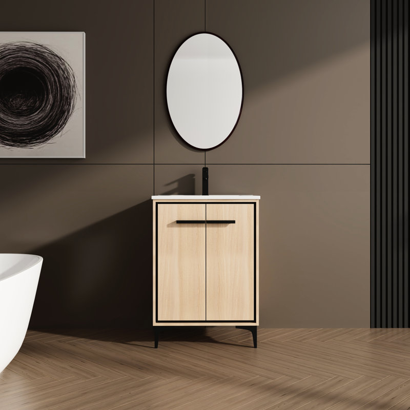 Armoire de salle de bain de 24 pouces, lavabo inclus, bois d'ingénierie, rangement à double porte, -, assemblage facile, salle de bain américaine, teinte chêne et espace de rangement, matériau en bois, traitement à l'épreuve, guide des étapes d'assemblage,