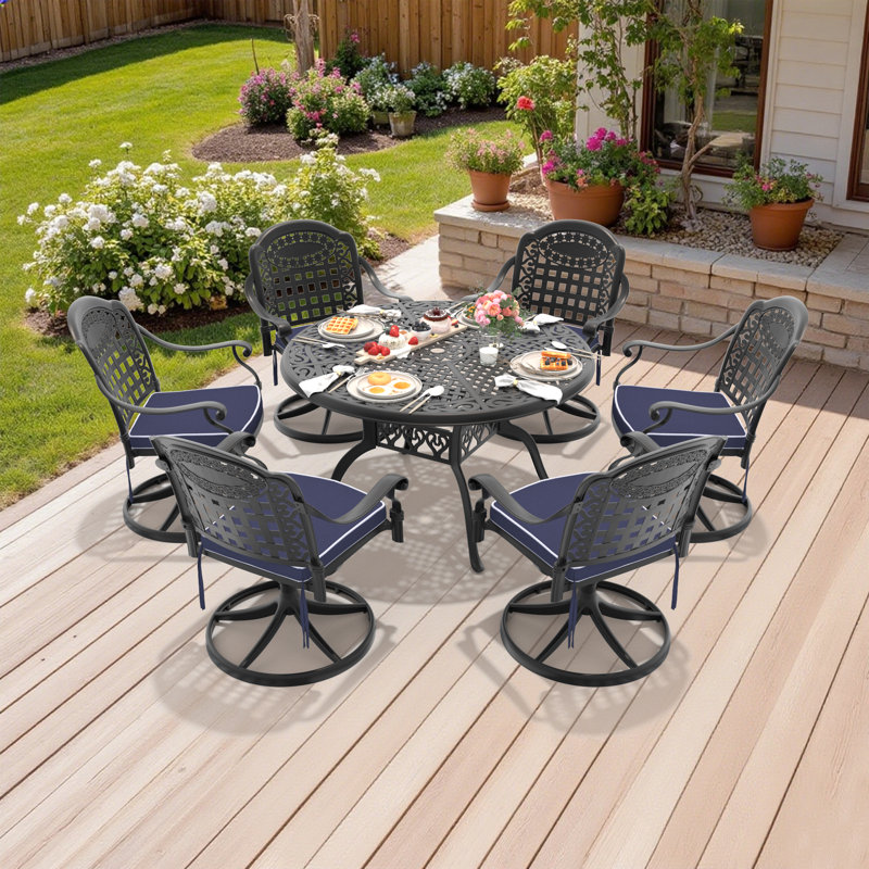 7-Piece Round Cast Aluminum Outdoor Patio Dining Set with Swivel Chairs & Cushions & Umbrella Hole, 6
