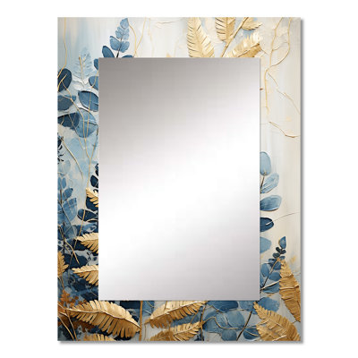 Blue And Golden Ferns Breeze Symphony IV - Ferns Mirror, Blue Decorative Wall Mirror, Printed Metal Art